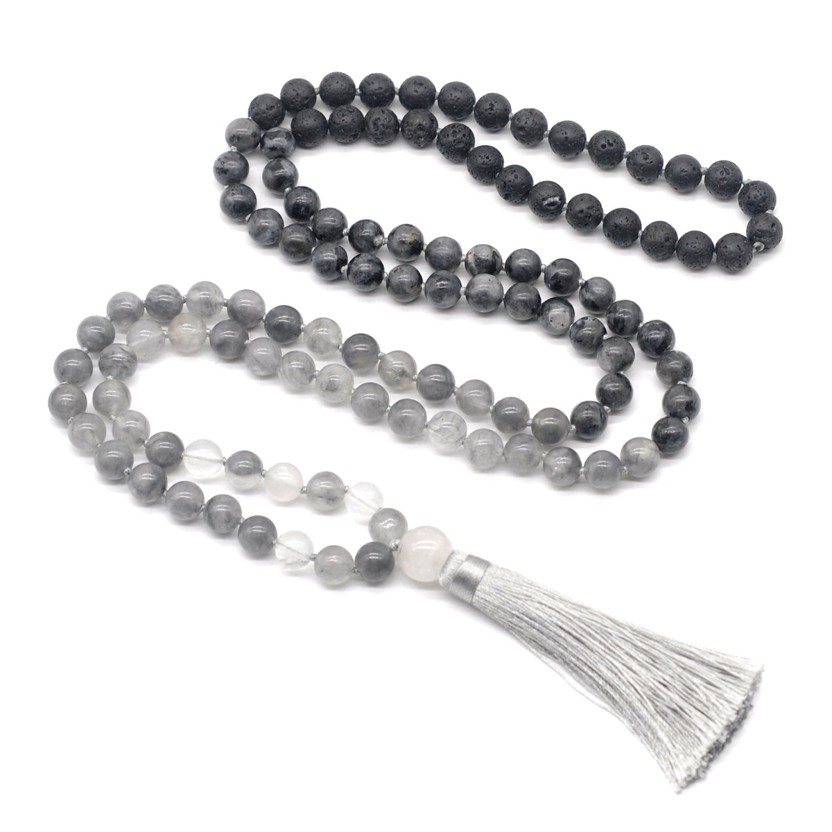 GMN388 Hand-Knotted Black Lava, Black Labradorite & Cloudy Quartz 108 Beads Mala Necklace