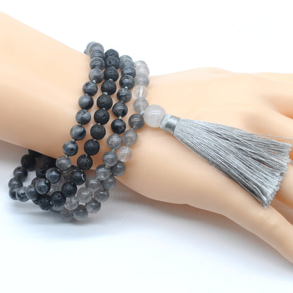 GMN388 Hand-Knotted Black Lava, Black Labradorite & Cloudy Quartz 108 Beads Mala Necklace