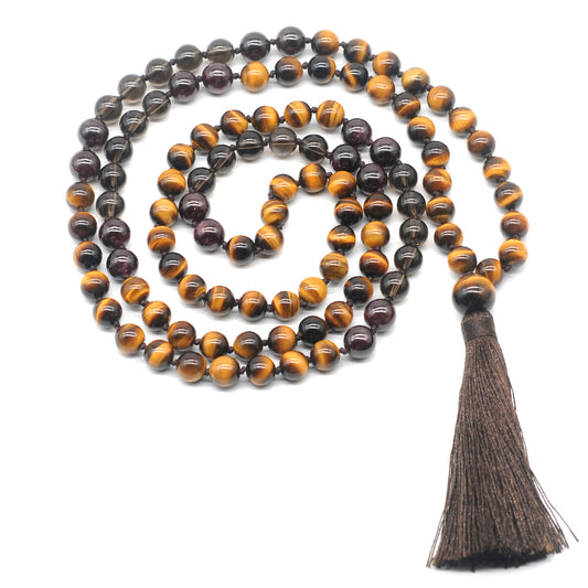 GMN389 Hand-Knotted Yellow Tiger Eye, Smoky Quartz & Garnet 108 Beads Mala Necklace