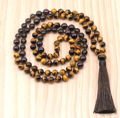 GMN389 Hand-Knotted Yellow Tiger Eye, Smoky Quartz & Garnet 108 Beads Mala Necklace