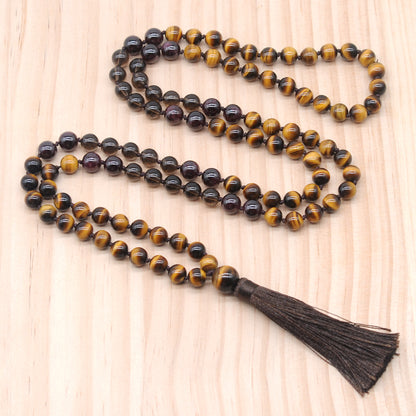 GMN389 Hand-Knotted Yellow Tiger Eye, Smoky Quartz & Garnet 108 Beads Mala Necklace