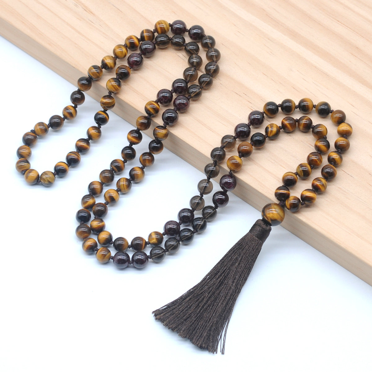 GMN389 Hand-Knotted Yellow Tiger Eye, Smoky Quartz & Garnet 108 Beads Mala Necklace