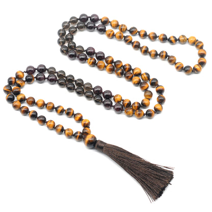 GMN389 Hand-Knotted Yellow Tiger Eye, Smoky Quartz & Garnet 108 Beads Mala Necklace