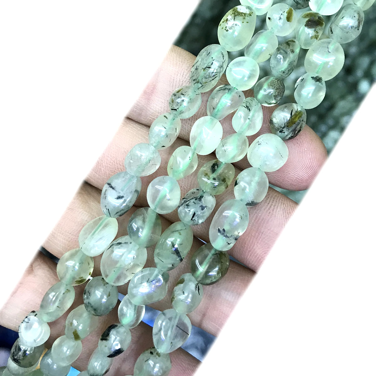 CNG07 Green Rutilated Quartz Beads Smooth Nugget 6x8mm 15" Strand