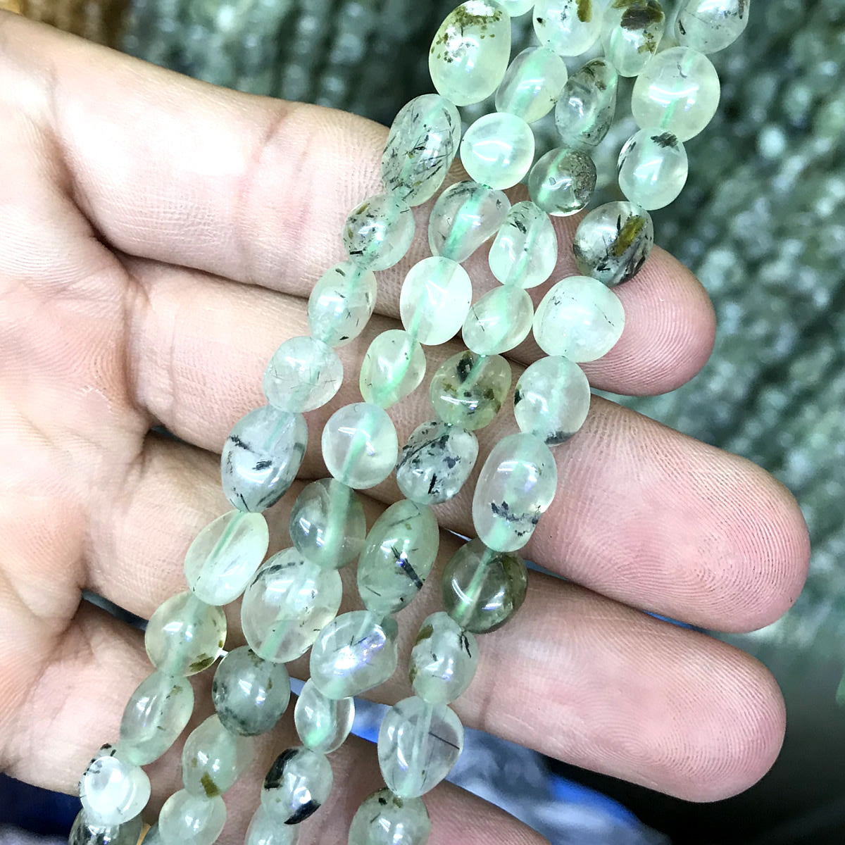 CNG07 Green Rutilated Quartz Beads Smooth Nugget 6x8mm 15" Strand