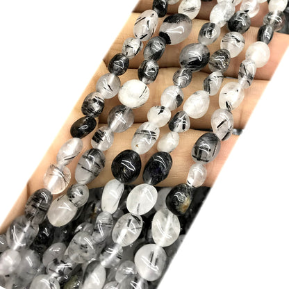 CNG08 Black Rutilated Quartz Beads Smooth Nugget 6x8mm 15" Strand