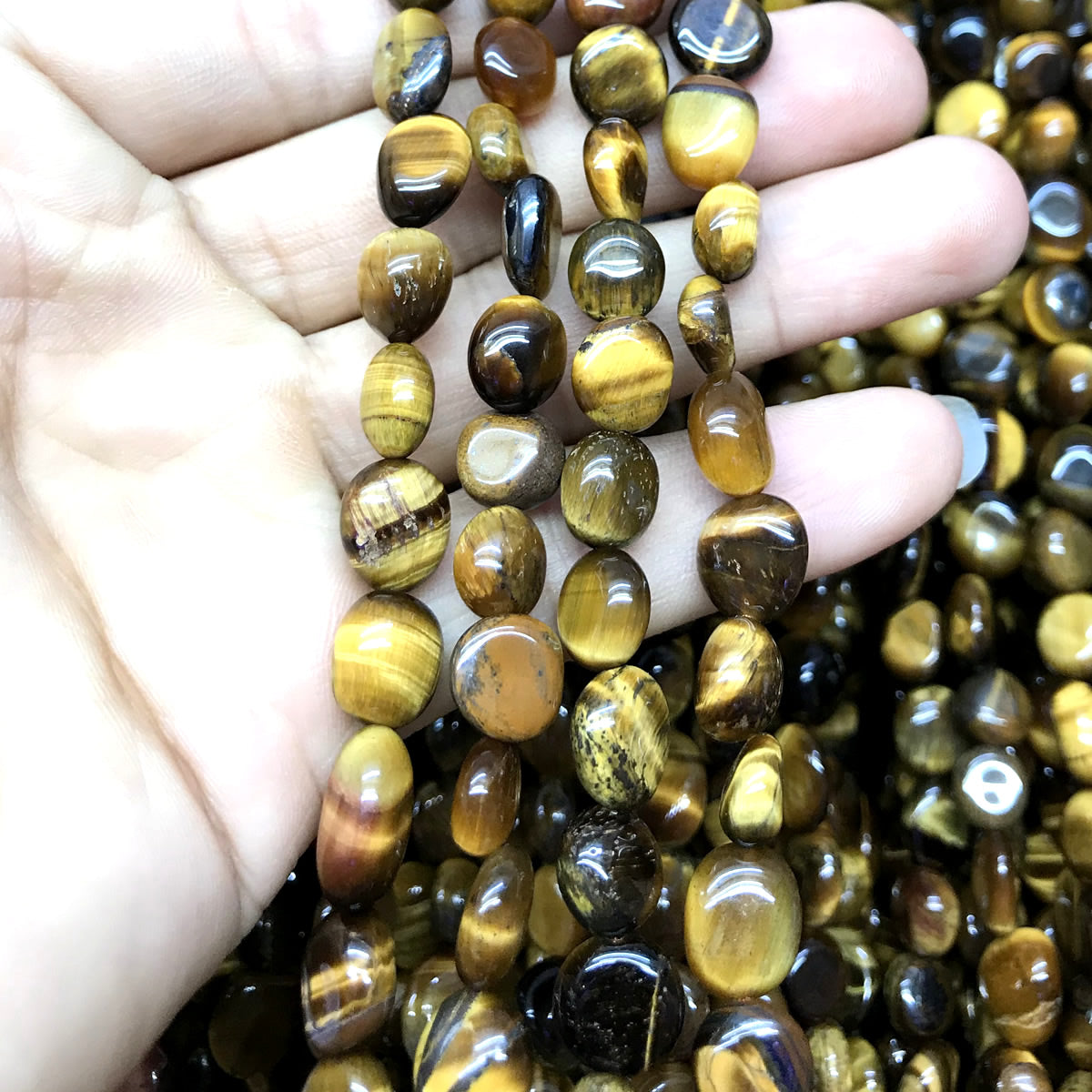 CNG22 Yellow Tiger Eye Beads Smooth Nugget 6x8mm 15" Strand