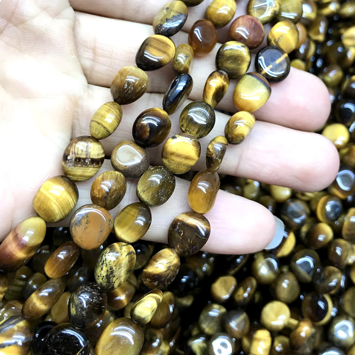 CNG22 Yellow Tiger Eye Beads Smooth Nugget 6x8mm 15" Strand