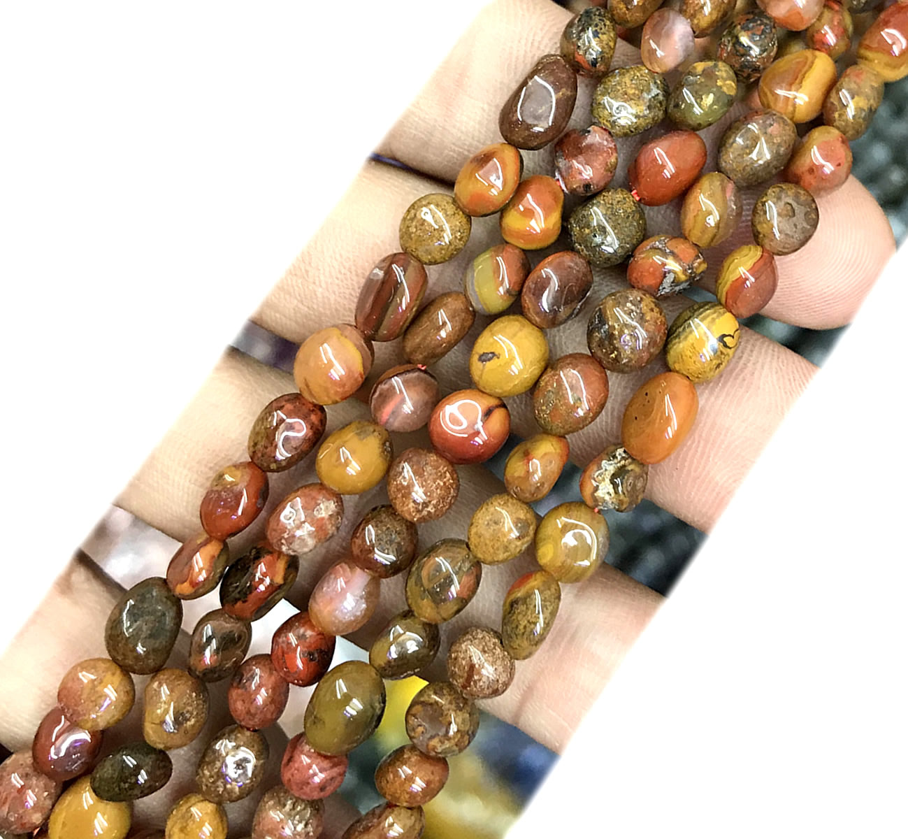 CNG23 Red Moss Agate Beads Smooth Nugget 6x8mm 15" Strand