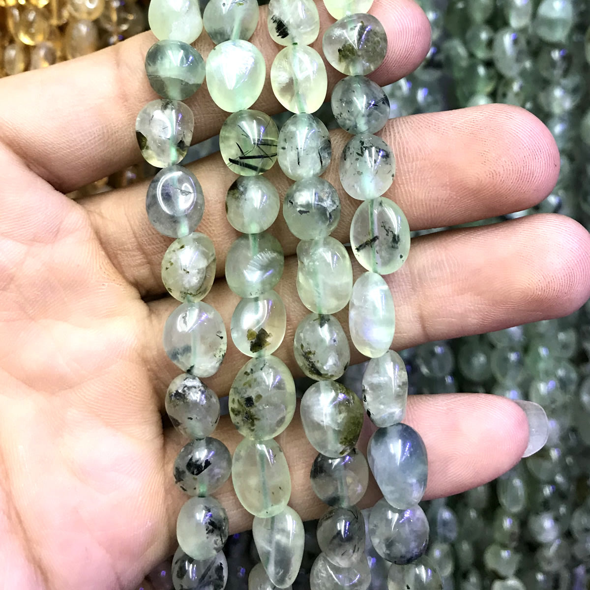 CNG34 Green Rutilated Quartz Beads Smooth Nugget 8x10mm 15" Strand