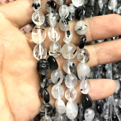 CNG35 Black Rutilated Quartz Beads Smooth Nugget 8x10mm 15" Strand