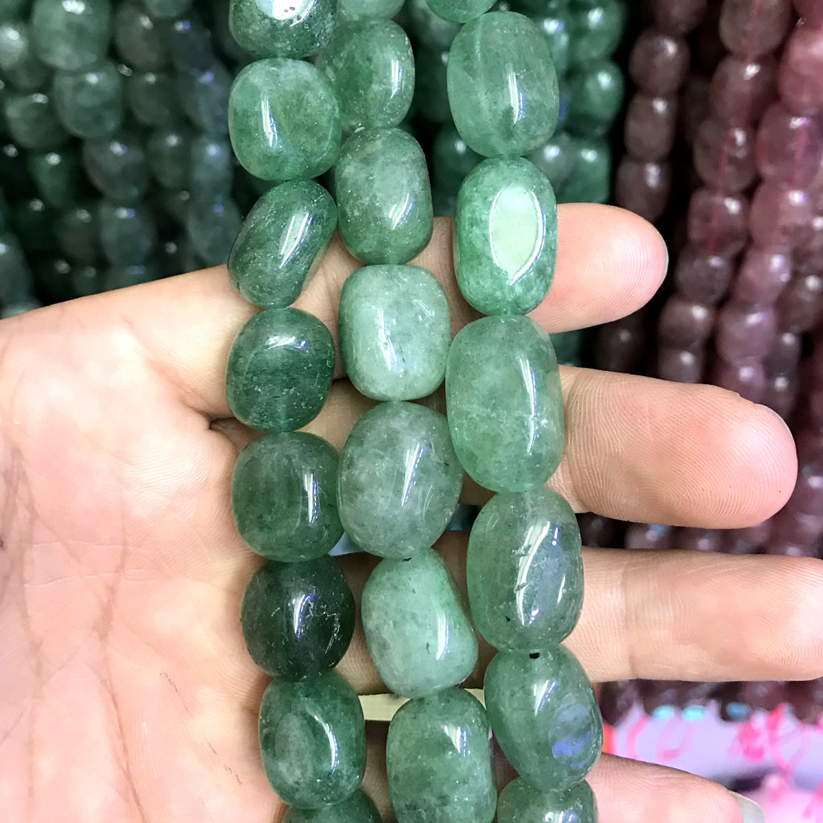 CNG54 Green Strawberry Quartz Beads Smooth Nugget 8x10mm - 10x14mm 15" Strand