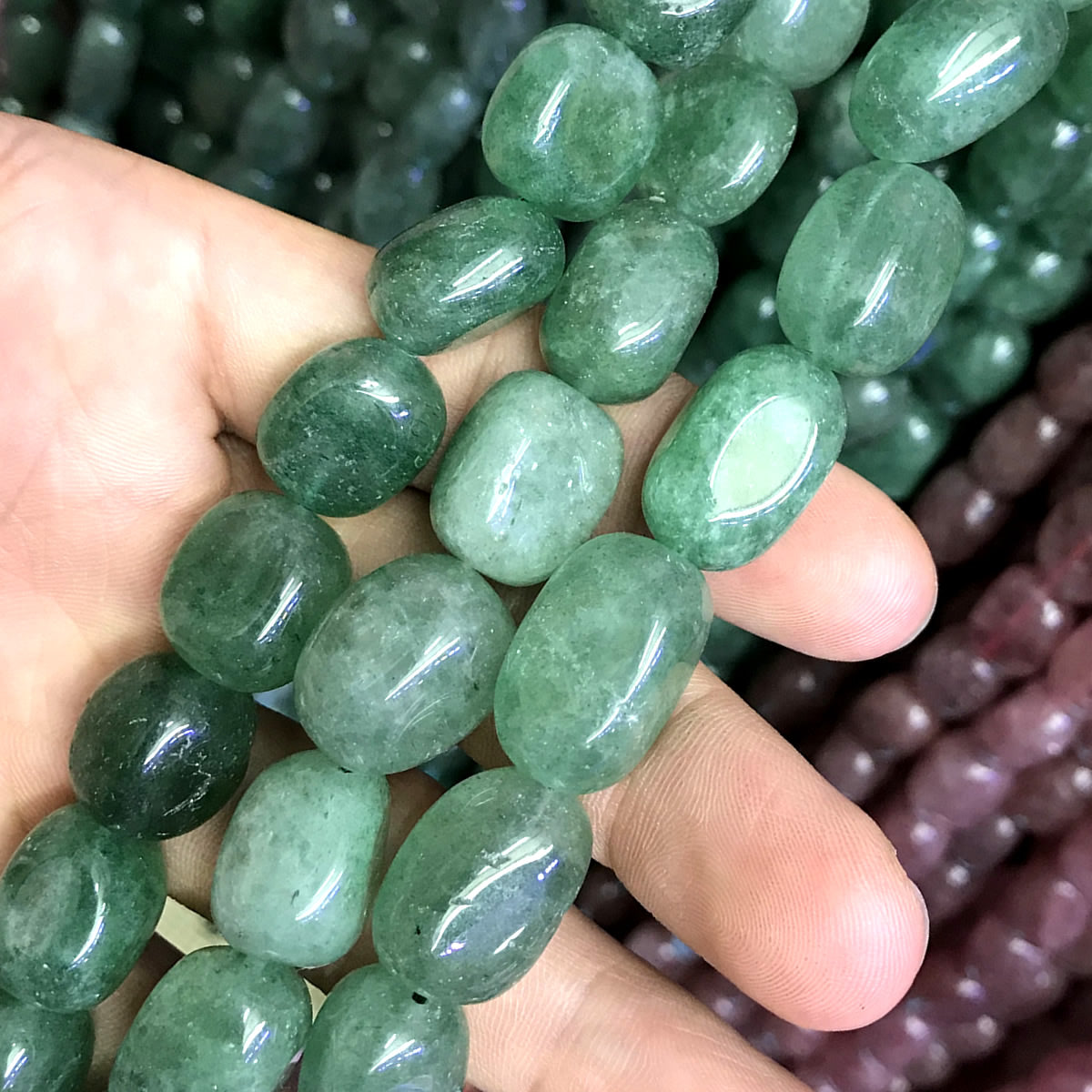 CNG54 Green Strawberry Quartz Beads Smooth Nugget 8x10mm - 10x14mm 15" Strand