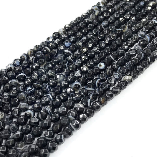 CAG190 Black Banded Agate Beads Faceted Round 4mm 15" Strand