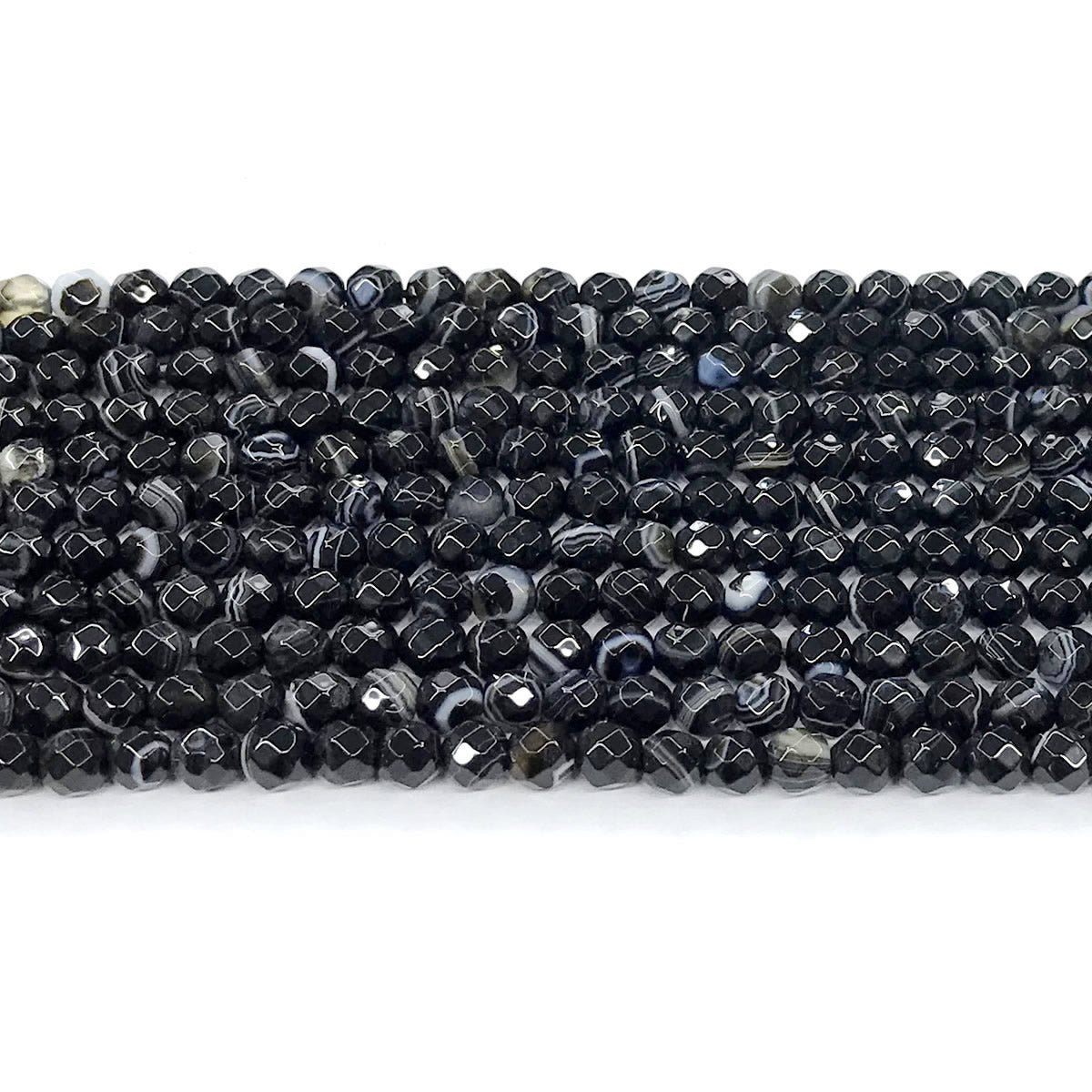 CAG190 Black Banded Agate Beads Faceted Round 4mm 15" Strand