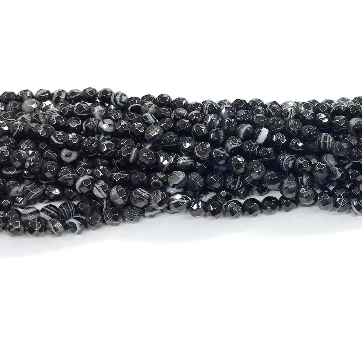 CAG190 Black Banded Agate Beads Faceted Round 4mm 15" Strand