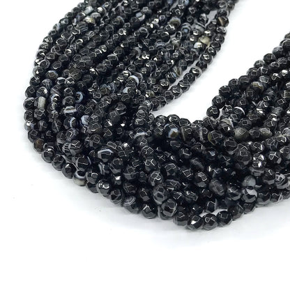 CAG190 Black Banded Agate Beads Faceted Round 4mm 15" Strand