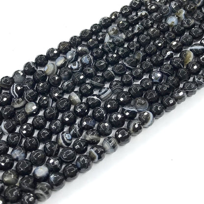 CAG191 Black Banded Agate Beads Faceted Round 6mm 15" Strand