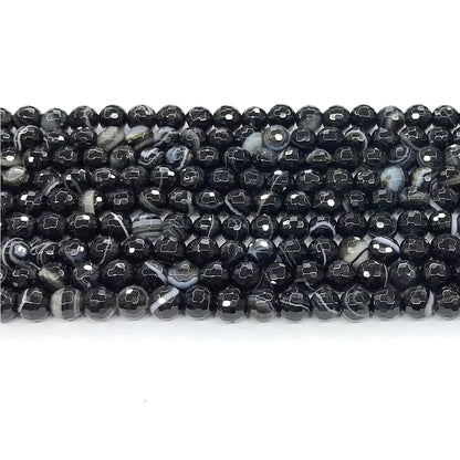 CAG191 Black Banded Agate Beads Faceted Round 6mm 15" Strand