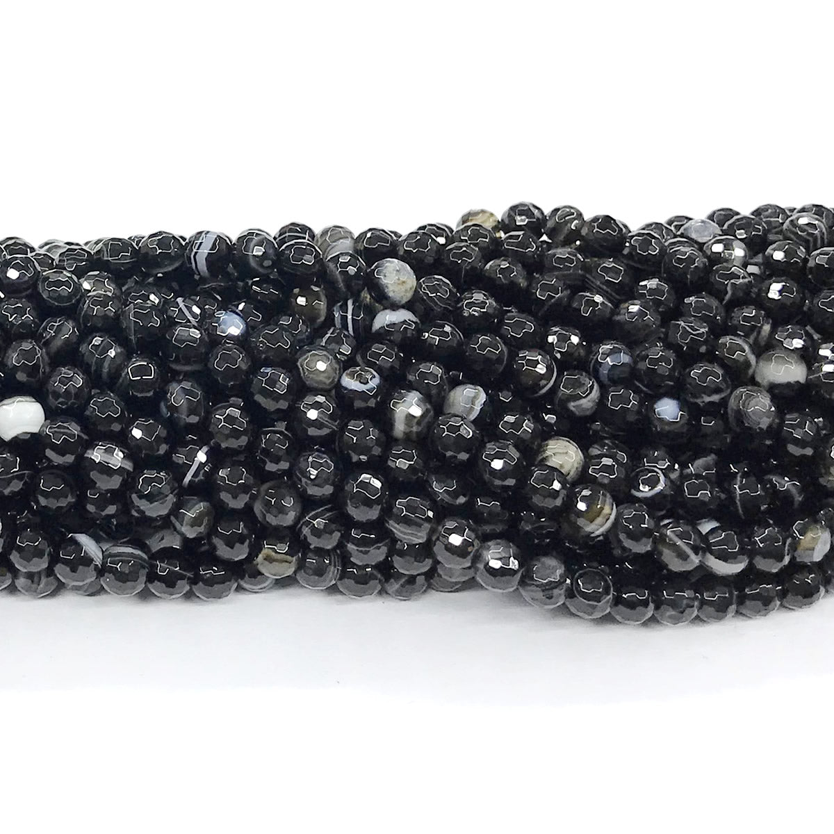 CAG191 Black Banded Agate Beads Faceted Round 6mm 15" Strand