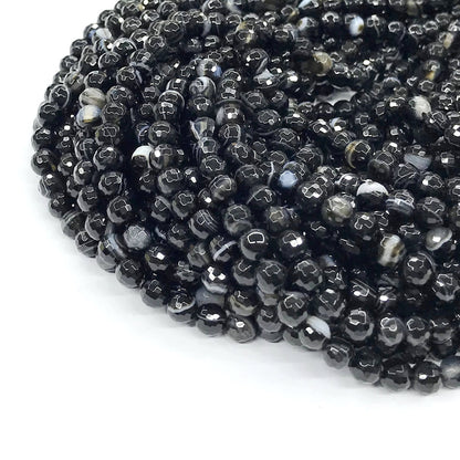 CAG191 Black Banded Agate Beads Faceted Round 6mm 15" Strand