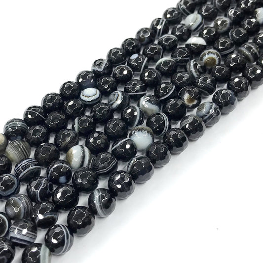 CAG192 Black Banded Agate Beads Faceted Round 8mm 15" Strand