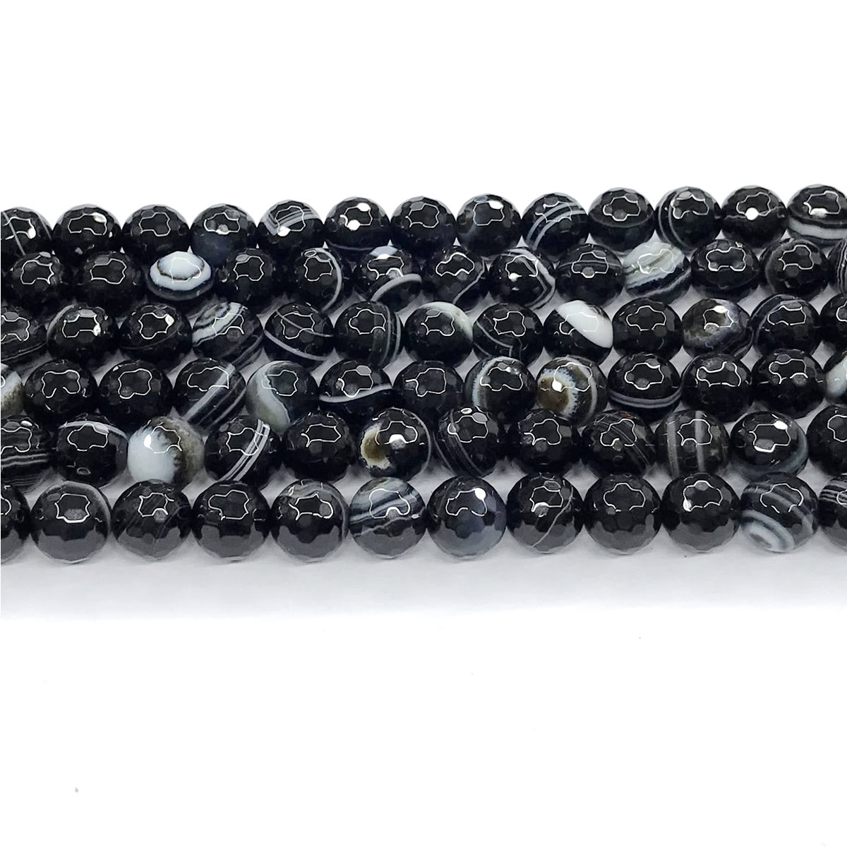 CAG192 Black Banded Agate Beads Faceted Round 8mm 15" Strand