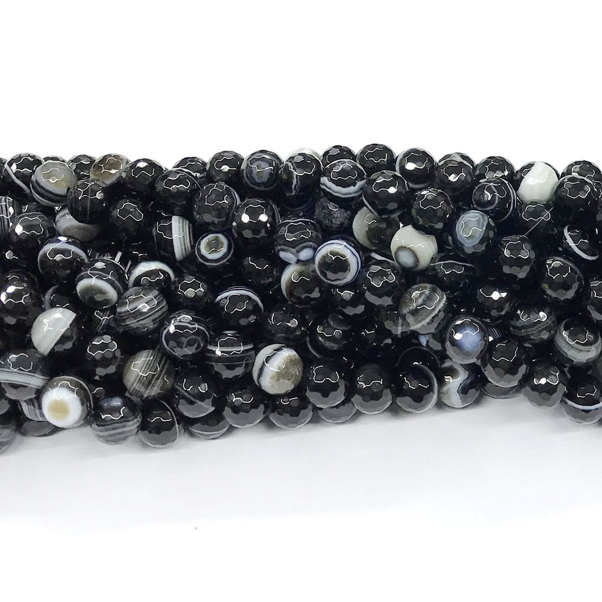 CAG192 Black Banded Agate Beads Faceted Round 8mm 15" Strand