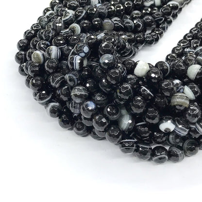 CAG192 Black Banded Agate Beads Faceted Round 8mm 15" Strand