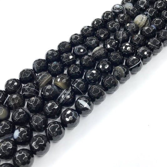 CAG193 Black Banded Agate Beads Faceted Round 10mm 15" Strand