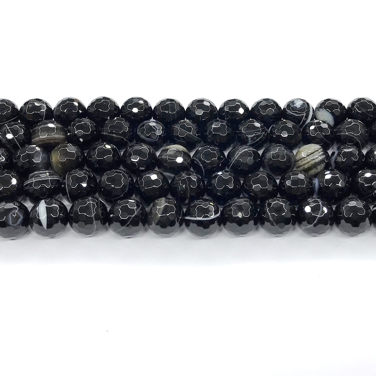 CAG193 Black Banded Agate Beads Faceted Round 10mm 15" Strand