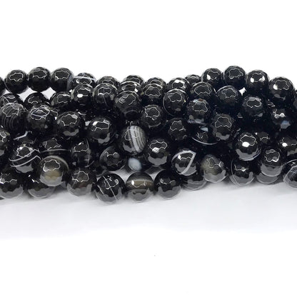 CAG193 Black Banded Agate Beads Faceted Round 10mm 15" Strand