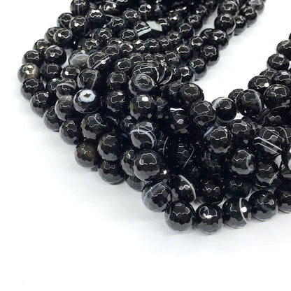 CAG193 Black Banded Agate Beads Faceted Round 10mm 15" Strand