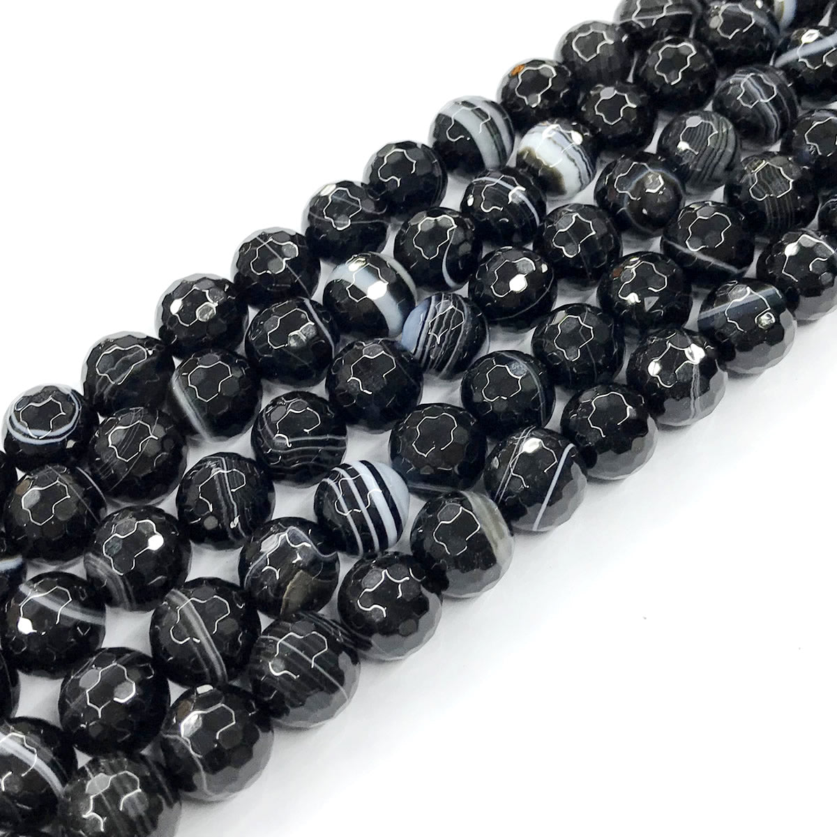 CAG194 Black Banded Agate Beads Faceted Round 12mm 15" Strand