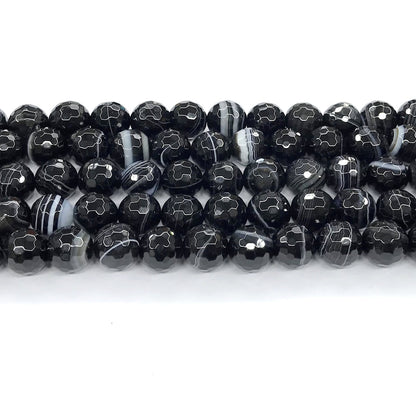 CAG194 Black Banded Agate Beads Faceted Round 12mm 15" Strand