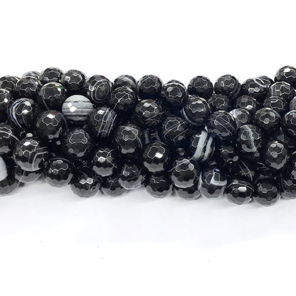 CAG194 Black Banded Agate Beads Faceted Round 12mm 15" Strand