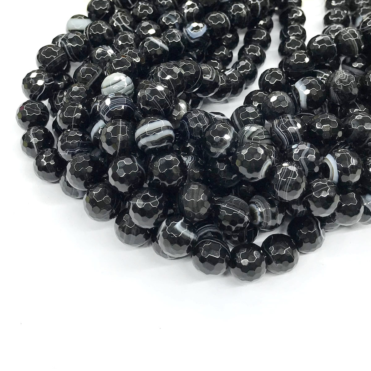 CAG194 Black Banded Agate Beads Faceted Round 12mm 15" Strand