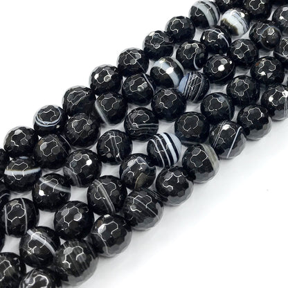 CAG195 Black Banded Agate Beads Faceted Round 14mm 15" Strand