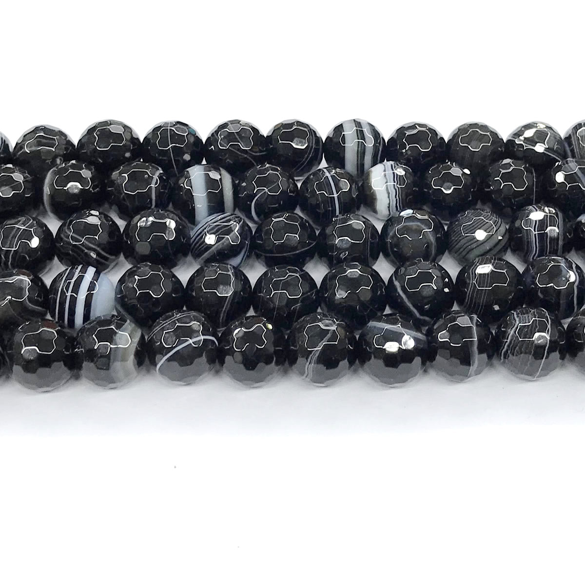 CAG195 Black Banded Agate Beads Faceted Round 14mm 15" Strand