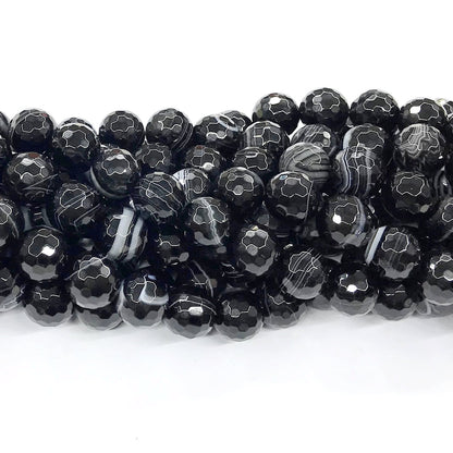 CAG195 Black Banded Agate Beads Faceted Round 14mm 15" Strand