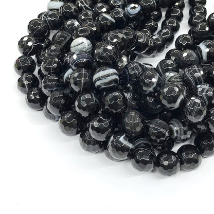 CAG195 Black Banded Agate Beads Faceted Round 14mm 15" Strand