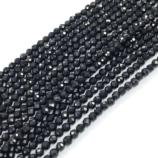 CAG198 Black Agate Beads Faceted Round 2mm 15" Strand