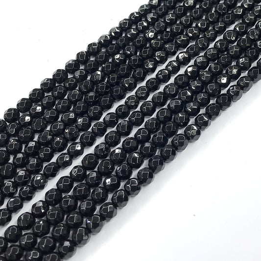 CAG200 Black Agate Beads Faceted Round 4mm 15" Strand