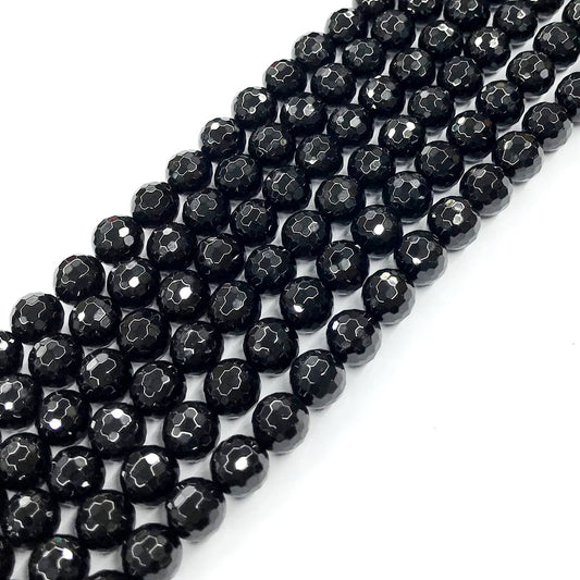 CAG202 Black Agate Beads Faceted Round 8mm 15" Strand