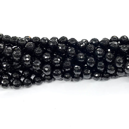 CAG202 Black Agate Beads Faceted Round 8mm 15" Strand