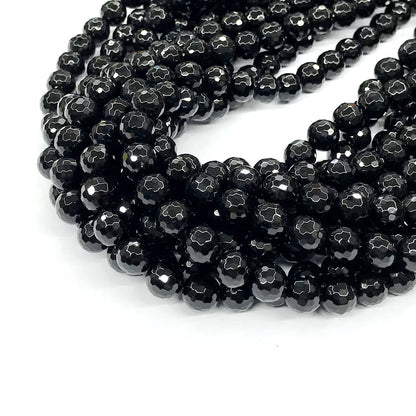 CAG202 Black Agate Beads Faceted Round 8mm 15" Strand