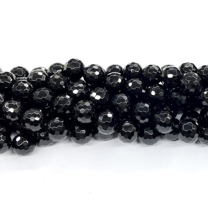 CAG205 Black Agate Beads Faceted Round 14mm 15" Strand