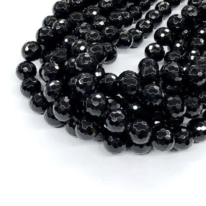 CAG205 Black Agate Beads Faceted Round 14mm 15" Strand