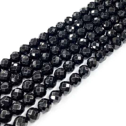 CAG209 Black Agate Beads Faceted Round 8mm 15" Strand