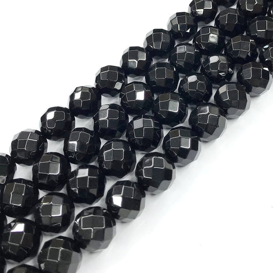 CAG212 Black Agate Beads Faceted Round 14mm 15" Strand